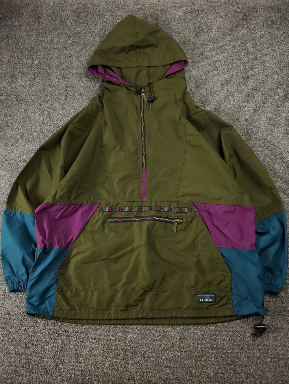 Vintage LL Bean Anorak Windbreaker XL Olive Purple Teal Colorblock Aztec USA